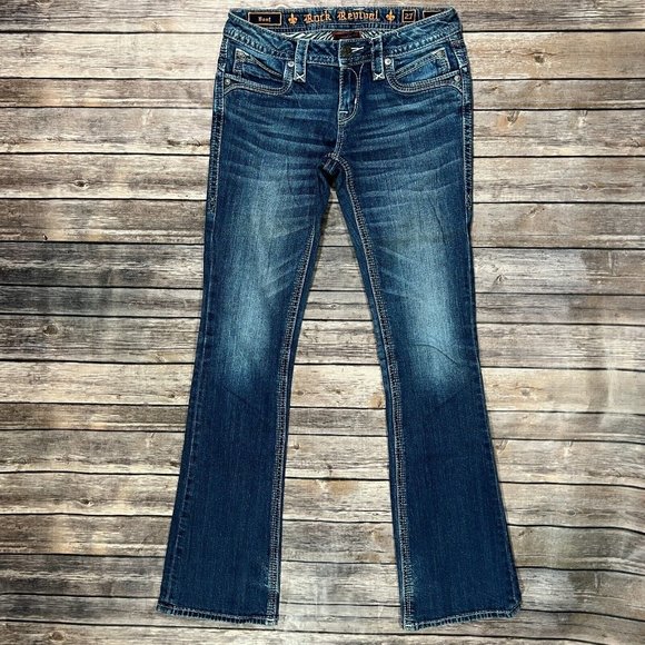 Rock Revival Ele Bootcut Stretch Jeans 27x34 Mens Blue Denim Thick Stitch Flap - Picture 1 of 13